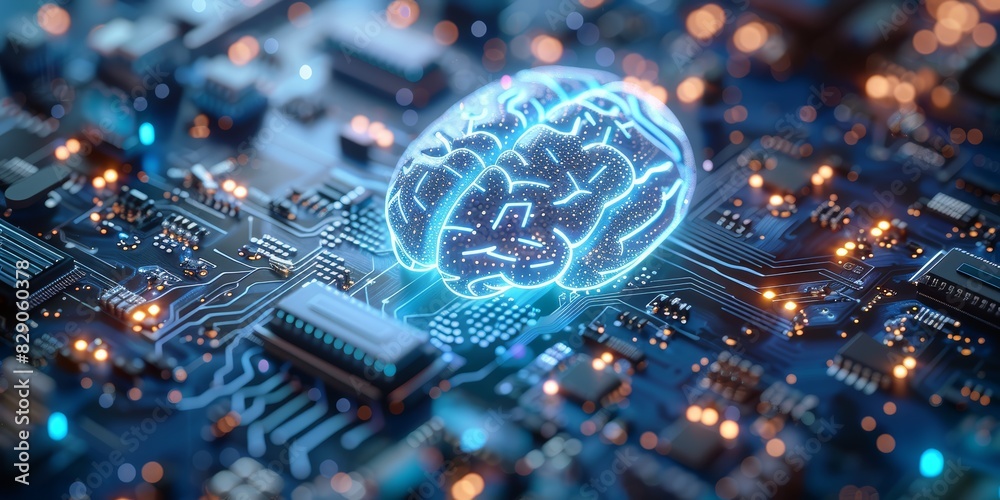 Aufkleber Digital representation of an artificial intelligence brain on a circuit board, highlighting the advanced technology and innovation in AI and modern electronics., Generative AI