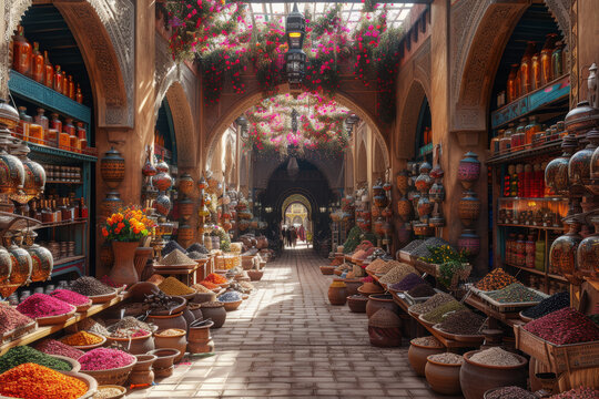 A vibrant Moroccan bazaar bustling with activity, offering an array of exotic teas infused with mint, spices, and floral essences.  Generative Ai.