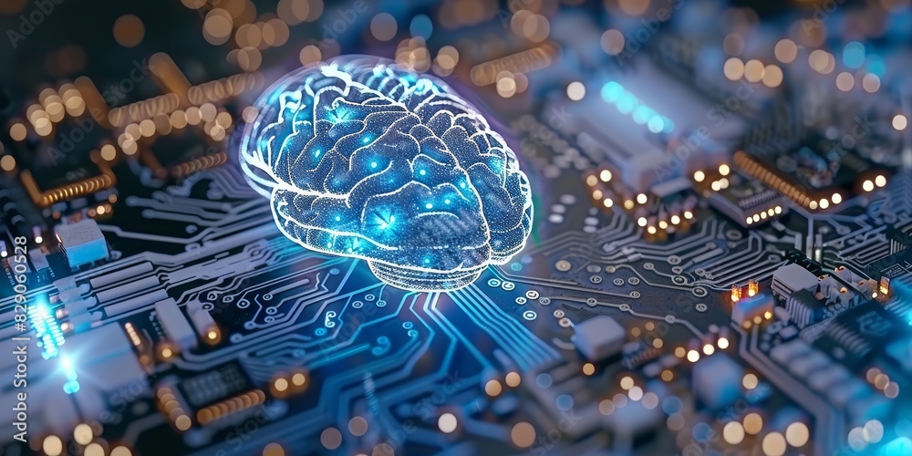 Poster Digital representation of an artificial intelligence brain on a circuit board, highlighting the advanced technology and innovation in AI and modern electronics., Generative AI