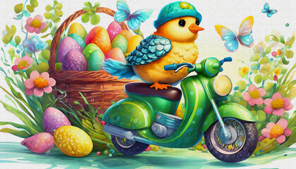 OIL PAINTING STYLE CARTOON CHARACTER CUTE baby YELLOW CHICKEN ride Stylish green cross motorcycle, easter,