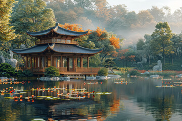 A tranquil garden pavilion overlooking a serene pond, where guests sip delicate jasmine tea and...