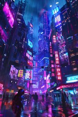 A dynamic cyberpunk cityscape at night, with neon lights, futuristic skyscrapers, and bustling streets filled with diverse characters
