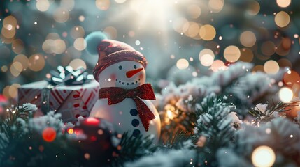 A cheerful snowman decoration amidst a festive background with twinkling lights