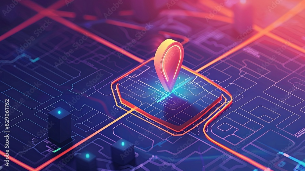 Fototapete a detailed isometric gps map with a navigation pin icon in the center, representing location trackin