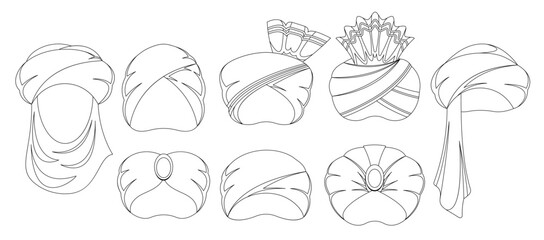 Eastern Turbans Outline Black And White Vector Icons Set, Isolated Various Linear Designs Of Eastern Headwear