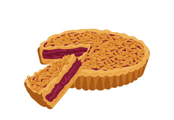 Round homemade pie and slice with cherry jam traditional fresh confectionery vector illustration