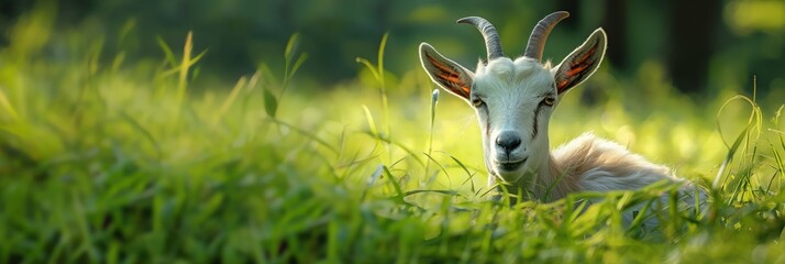 A serene goat lies in a lush green field, with the sunlight softly illuminating its face - Powered by Adobe