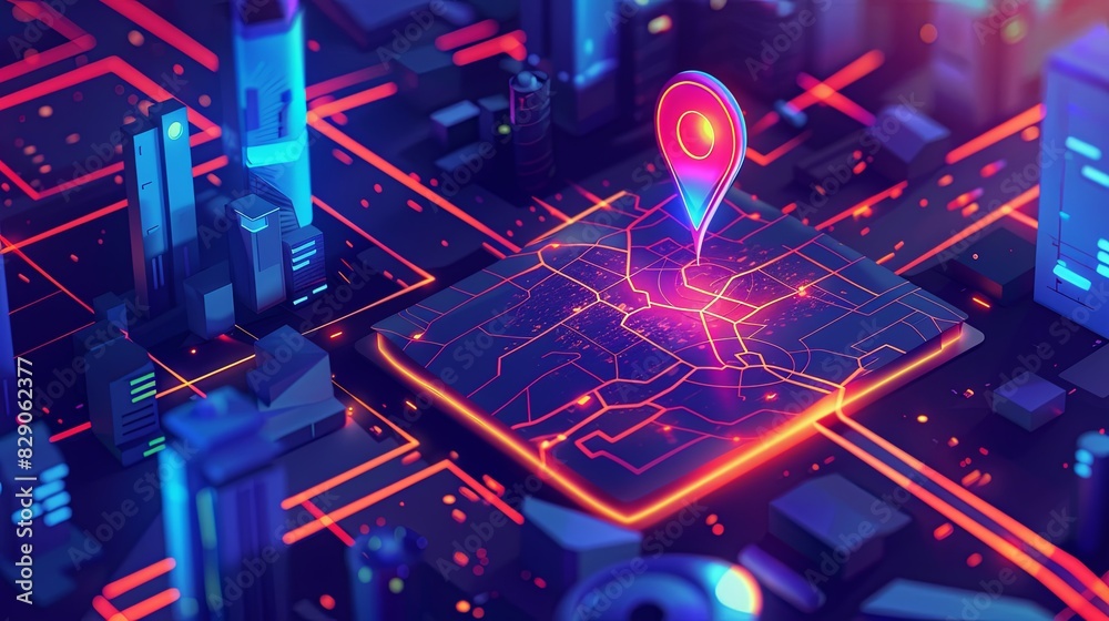 Poster isometric gps tracking map with a pin in the middle, showing navigation and mapping position on a st