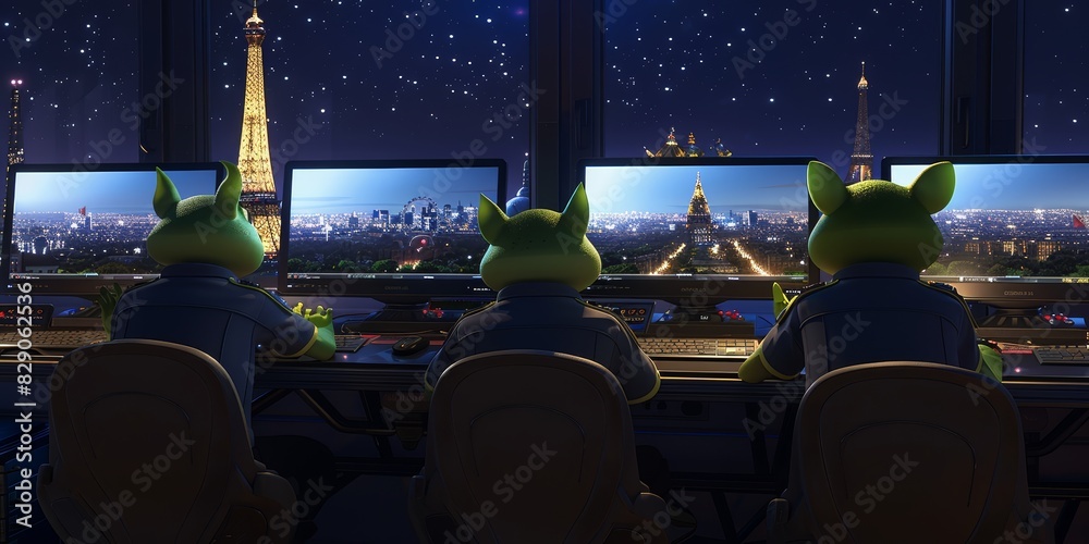 Poster A alien operating in a high-tech control room filled with computer screens and advanced technology, blending elements of fantasy and science fiction in a modern digital environment, Generative AI