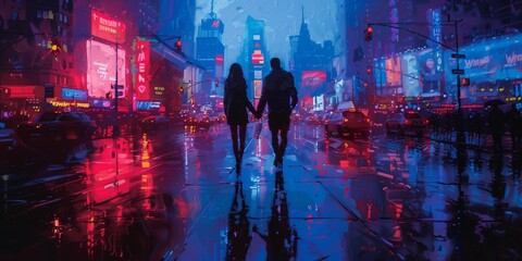 Obraz premium Vibrant Dusk Cityscape with Couples, generative ai