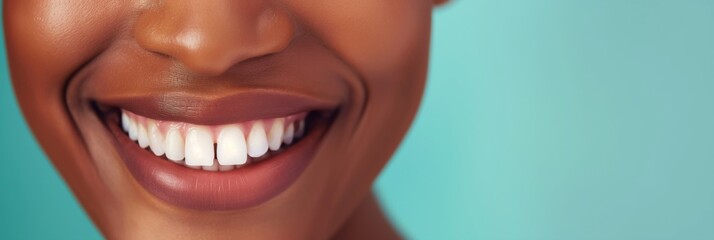 Naklejka premium Close up shot of a woman's beaming smile showing white teeth and the lower half of her face