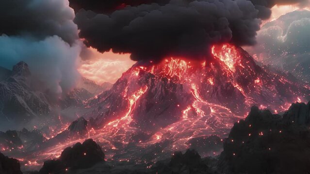 A mountain engulfed in flames spewing molten lava creating a nightmarish scene.