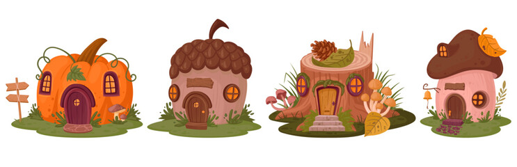Cartoon fantasy houses. Fairytale cute mushroom, pumpkin and acorn cabins flat vector illustration set. Magic world houses collection © GreenSkyStudio