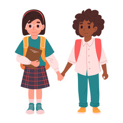 Kids going to school holding hands. Primary school students, elementary school students with backpacks and books flat vector illustration. Cheerful school kids