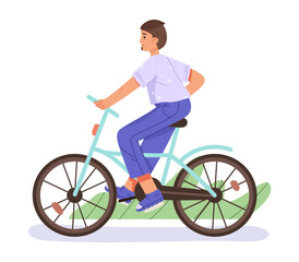 Man riding bicycle. Active bike riding, male character on bike, young cyclist ride bicycle flat vector illustration. Guy riding bike on white background