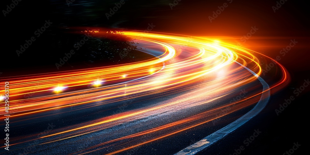 Poster Curving light trails on a dark road captured with long exposure, illustrating the dynamic energy and speed of nighttime transportation and the vibrant glow of moving vehicles, Generative AI