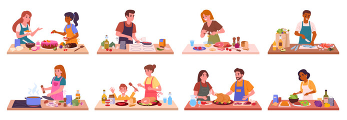 People cooking at home. Families preparing food on house table, homemade meal preparation flat vector illustration set. Cooking characters collection