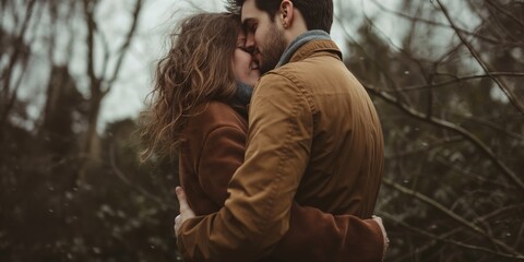 Fototapeta premium Two individuals share a close embrace amidst a forest, highlighting intimacy and affection in a natural environment