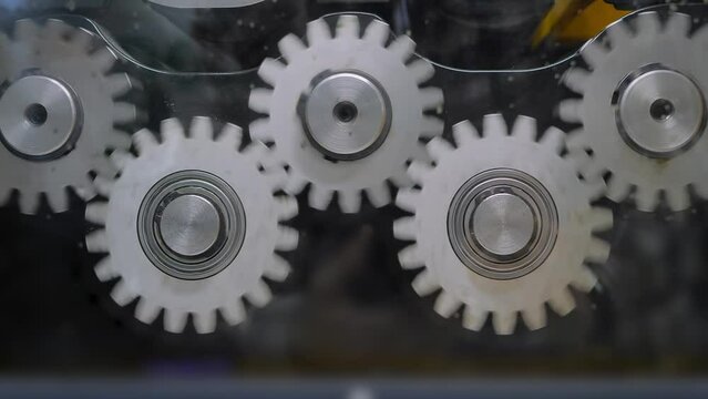 Gear wheels system rotation - front close up view. Machinery, industrial, equipment and mechanics concept