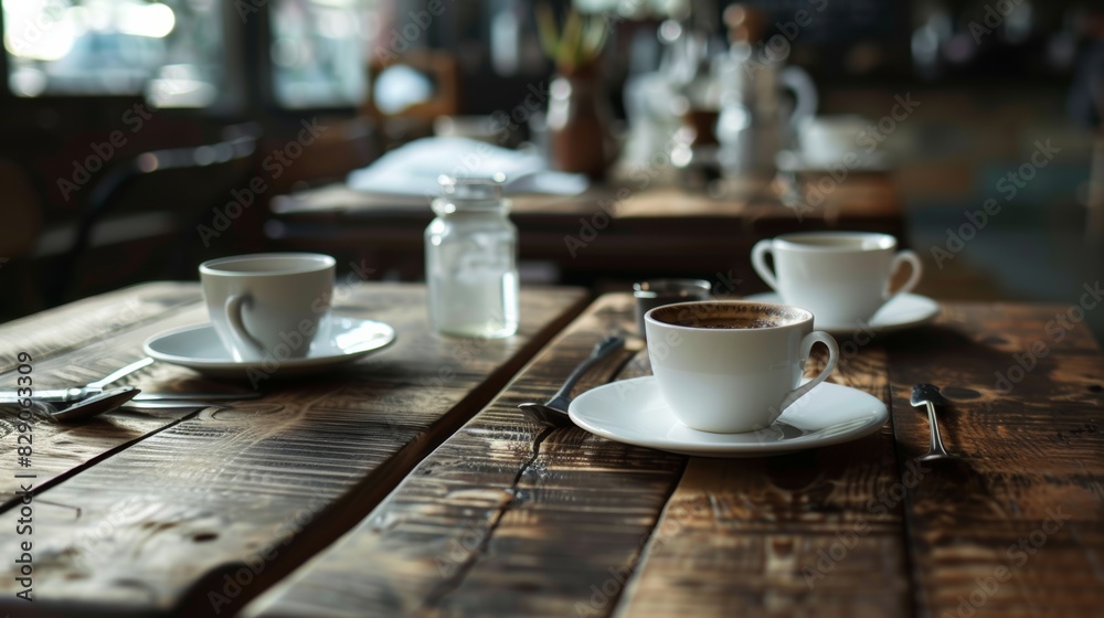 Aufkleber two cups of coffee resting on a wooden table. generative ai