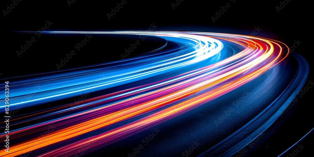 Poster curving light trails on a dark road captured with long exposure, illustrating the dynamic energy and