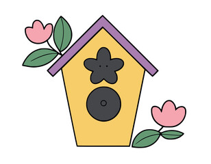 Vector kawaii birdhouse icon for kids. Cute Easter symbol illustration. Funny cartoon character. Adorable spring starling or bird house clipart with pink flowers