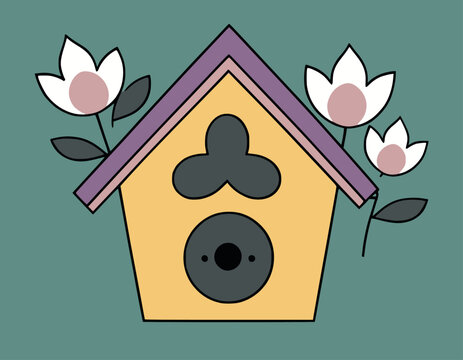 recommend clip art: Vector kawaii birdhouse icon for kids. Cute Easter symbol illustration. Funny cartoon character. Adorable spring starling or bird house clipart with pink flowers