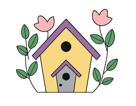 recommend clip art: Vector kawaii birdhouse icon for kids. Cute Easter symbol illustration. Funny cartoon character. Adorable spring starling or bird house clipart with pink flowers