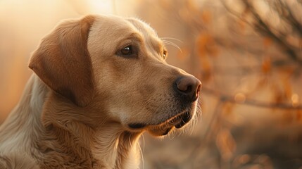 Close up portrait of a contemplative Labrador Retriever gazing into the distance showcasing its detailed golden fur on a blurred backdrop
