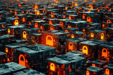 Rows of glowing red padlocks on servers, emphasizing cybersecurity, online protection, and the importance of safeguarding digital information in a high tech environment