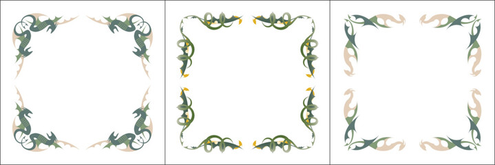 Set of three green ornamental frame with dragons stylized. Dragon wings frame, fantasy green corners. Fairy tail decoration, book decoration.