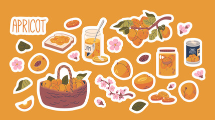 Set Of Apricot Stickers Showcasing Ripe Fruits, Jam, Blossoms And Basket, Toast With Jam, Glass Jar, Tree Branch