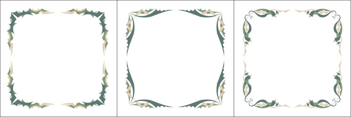 Set of three green ornamental frame with dragons stylized. Dragon wings frame, fantasy green corners. Fairy tail decoration, book decoration.