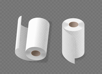 Two White Paper Towel Rolls Realistic 3d Vector Image. One Roll Is Partially Unrolled, Displaying The Patterned Texture