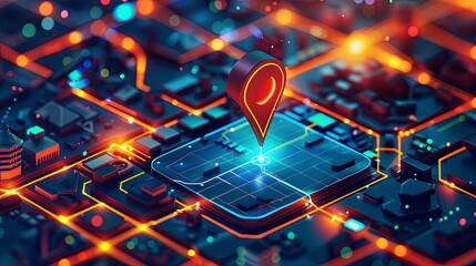 Isometric GPS tracking map with a red navigation marker pinpointed on a street map. Abstract digital art background. Generative AI