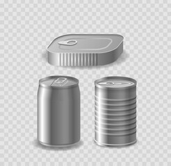 Set Of Three Metallic Containers, Rectangular Sardine Tin, Soda Can, And A Cylindrical Tinned Can, 3d Vector