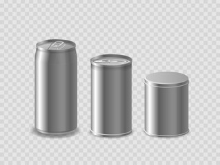 Three Metal Containers Of Varying Sizes And Designs Isolated On Transparent Background. Realistic 3d Vector Image