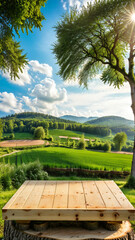 Fototapeta premium Empty Wooden Table Product Podium: Farm Wood Nature Field Table, Product Grass Garden Background Stand Green Food, Morning Farm Outdoor Sky, Beauty Sun Scene Platform View Beautiful Trunk, ad, podium 