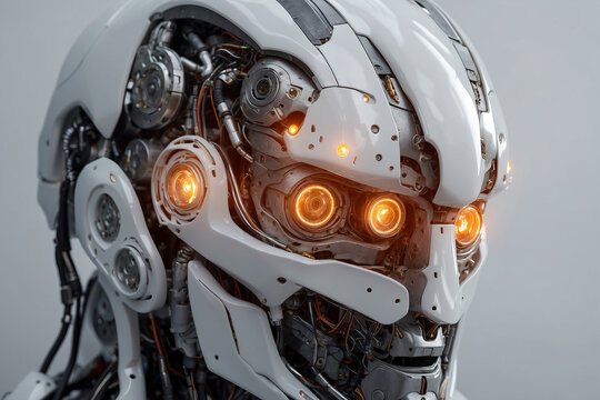 The head of a robot in profile with glowing yellow eyes on a light background, the personification of artificial intelligence
