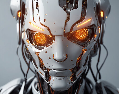 The head of a robot in profile with glowing yellow eyes on a light background, the personification of artificial intelligence
