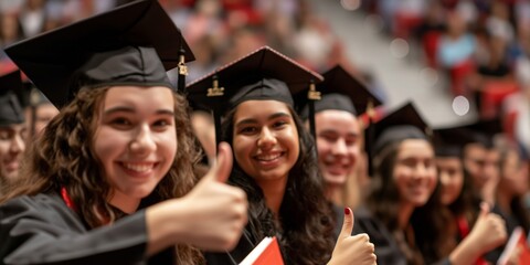 Youthful graduates giving thumbs up, capturing the culmination of academic achievement and pride