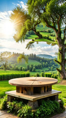 Obraz premium Empty Wooden Table Product Podium: Farm Wood Nature Field Table, Product Grass Garden Background Stand Green Food, Morning Farm Outdoor Sky, Beauty Sun Scene Platform View Beautiful Trunk, ad, podium 