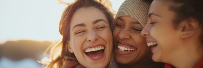 Fototapeta premium An intimate and joyful moment as three friends share laughter, illuminated by sunlight