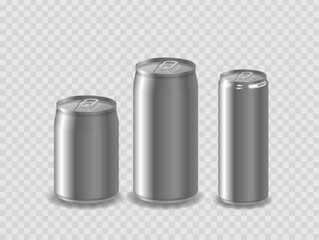 Three Aluminum Beverage Cans Of Varying Sizes, With Pull Rings Isolated On A Transparent Background. Soda Drink, Beer