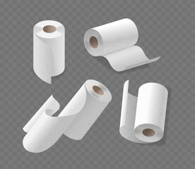 Set Of Four Realistic Paper Towel Rolls Isolated On A Transparent Background. 3d Vector Image Features Different Stages