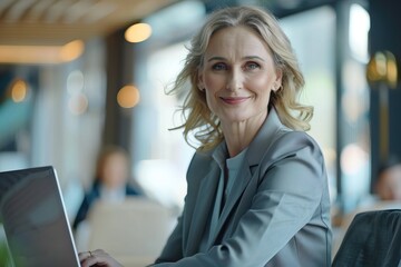 Mature businesswoman in office using laptop  smiling and working.