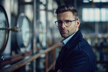 Obraz premium Portrait of a confident businessman in a modern factory