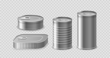 Set Of Various Metal Cans Including Cylindrical And Oval Shapes And Metallic Texture. Realistic 3d Vector Packaging