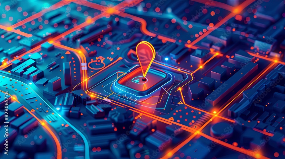 Fototapete 3D button placed on top of an isometric GPS tracking map. Concept of navigation, tracking, and digital mapping. Generative AI
