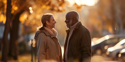 Fototapeta premium Two people standing face to face in warm evening light with autumn leaves in the background